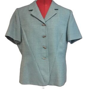 Le Suit Blazer Women’s Petite Size 14P Aqua Blue Short Sleeve Silver Button